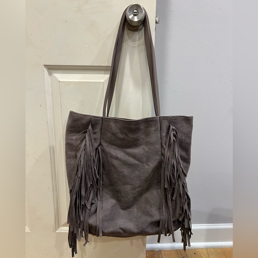 Initial Outfitters Grey Suede Fringe Tote
